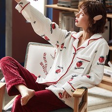 가을과 겨울 산호 양털 잠옷 여성 겨울 패딩 플러스 벨벳 플란넬 홈 의류 겨울 2021 새로운 정장, 어울리는 딸기 카디건, 1개, XL 코드