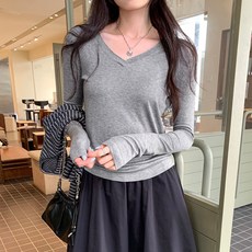 V넥 긴소매 여성용 티셔츠 봄 슬림핏 이너웨어 상의