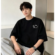 남녀공용 미니 스마일 손가락 프린트 200G 면 반팔티셔츠 라운드넥 오버핏 빅사이즈 루즈핏 썸머 통기성 베이직 무지반팔티
