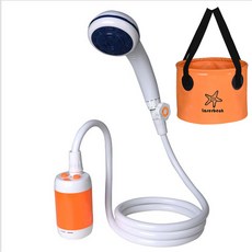 야외 샤워 전기 기숙사 농촌 렌탈 하우스 휴대용 야외샤워기 실외, 1개, 오렌지 샤워 + 오렌지 접이식 양동이 (20 리터)