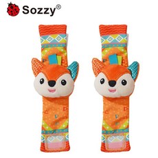 Sozzy立體動物寶寶手腕帶搖鈴襪，卡通動物造型響鈴手錶帶，嬰幼兒啟智玩具, 1個, 狐狸【手腕帶】一對.藍標