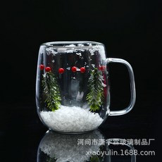 송가지 이중 유리컵 귀여운 축제 선물 크리스마스 눈 풍경 송가지 컵 고붕규산 눈 풍경 컵, 독립형 흰색 상자 버블백 350ml, 크리스마스 눈 컵 머그잔
