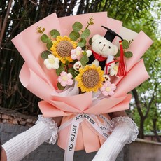 여성 생일선물 해바라기 실꽃 박사곰 세트 쇼핑백 전구줄 카드 포함, 1개, 분홍색