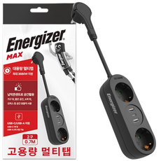 에너자이저 USB멀티탭 고용량 고속충전 과부하차단 3680W 2구 USB-C USB-A 납작콘센트, 0.7m, 블랙, 1개
