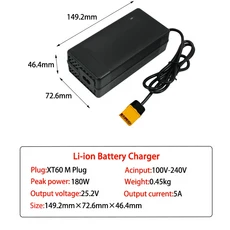 25.2V 5A 리튬 충전기 DC5521 커넥터 (6시리즈 21.6V 이온 배터리 고속 입력 전압 100-240V, 04 US Plug, 01 China Mainland, 08 25.2V 5A XT60 M