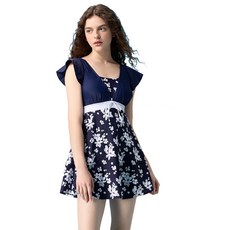 夏之戀SUMMERLOVE 大女短袖連身裙式泳衣 遮肉顯瘦 大尺碼 防曬泳裝, 藍色