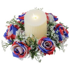 JIE Carall 7월 4일 캔들 링 애국적인 레드 화이트 블루 인공 미니 장미 꽃 화환 홀더 테이블 센터피스 독립 기념일 현충일 가정 주방 탑 장식 306460