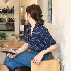 투니스 여성 얇은 폴카 도트 퍼프 반소매 셔츠