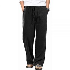 아마존평점4.5+ 미국출고 213650 AITFINEISM 남성용 면 경량 리넨 바지 신축성 있는 드로스트링 허리 블랙1. 42-44