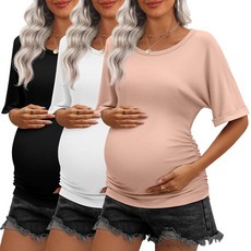 [ 1205891 ] Ficerd 3팩 임산부 셔츠 면 반소매 사이드 주름 장식 탑 크루넥 튜닉 티 여름 캐주얼 의류 화이트 로즈 블랙 스몰