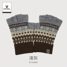 體溫魔術師 MIT台灣製 女士皮標圖騰半指針織手套 格紋毛線保暖手套, 淺灰, 1個