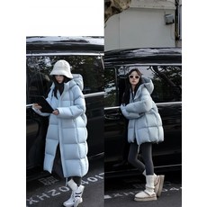 KOSARTE 패딩 여중 기장 무릎까지 오는 후드 패딩 점퍼 도톰, S, 연한 남색