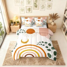 Erosebridal Boho 핑크 블랙 골드 퀸 이불 세트 시트 포함 추상 미드 센추리 7피스 침구 성인용 미니멀리스트 미적 기하학적 침대 가방 모던 보헤미안 시크 18334, 그린 핑크 오렌지