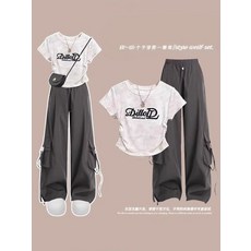 夏季酷颯套裝女2025新款時尚減齡短袖T恤學院風顯瘦工裝褲兩件套