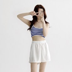 [SET/브라캡내장] 데이지클로젯 러브웨어 단가라 타올 비키니 숏팬츠 수영복 세트 / 여름 썸머 휴가철 바캉스룩 여성 여자 비치웨어 쓰리피스 밴딩 반바지 끈조절 크롭 나시 탱크탑