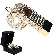 Draduo 반짝이는 호루라기 크리스탈 라인스톤 목걸이 호루라기 크고 선명한 사운드 스포츠 호루라기 체인 랜야드 포함 교사 심판 공식 인명 구조원 농구 훈련용 (골드 +, 골드 + 화이트