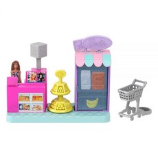 Barbie Mini BarbieLand 수집용 슈퍼마켓 놀이 세트 3.8cm(1.5인치) 인형 제품 선반 체크 스탠드 및 쇼핑 카트 포함 스토리텔링 플레이, Barbie Mini BarbieLand 수집용 슈퍼마