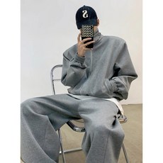 復古休閒運動立領墊肩衛衣套裝男春秋高街痞帥情侶純色百搭兩件套