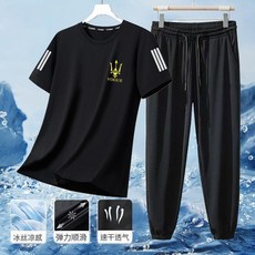 臺灣新款NEW夏季薄款運動套裝男士九分長褲速乾冰絲透氣短袖T恤休閒兩件裝