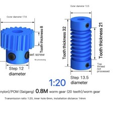 나일론 웜 기어 키트 톱니 비율 메커니즘용, 11. 0.8M - 1 ratio 20, C. both 6mm