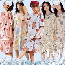 로즈엘리 1+1 아이스 쿨 루즈핏 반팔 잠옷 원피스 빅사이즈 홈웨어 원피스 5컬러