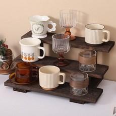 實木中式茶杯架 桌面置物階梯展示架 茶具茶壺收納博古架, 1個, 梯形三層輕燒,40款