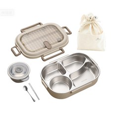 Shipshape 스텐 보온 도시락통 1인용 런치박스 캠핑 대용량 수저 소풍, 1개, 베이지-4칸-1500ml