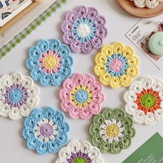 코바늘 키트 컵받침 밀크 코튼 얀 DIY 초보자용, 파랑 주황 흰색 6개, 재료 도구 설명서 가이드