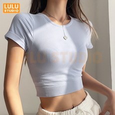 LULU【運動短T恤】含胸墊 純色 螺紋 瑜伽服 夏季 運動健身短袖 修身顯瘦 跑步 運動上衣女 韓國瑜珈服