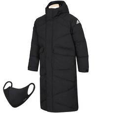 adidas 愛迪達 Big Baffle長款連帽羽絨外套+時尚素面口罩