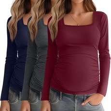 Baggyfly 3팩 여성용 임산부 셔츠 긴소매 사이드 주름 장식 임산부 상의 스퀘어넥 기본 튜닉 니트 엄마 의류 다크 그레이 그레이 그린 캐러멜 XL