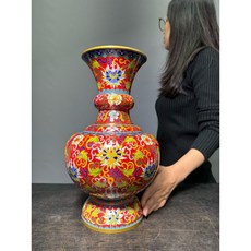 景泰藍 琺瑯 銅胎 描金 花卉紋 寶瓶 裝飾擺件, 紅