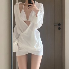 泳衣女性感純欲沙灘襯衫防曬比基尼三件套分體罩衫長袖泡溫泉度假, 白色 （三件套）,XL （55.0-62.5kg）