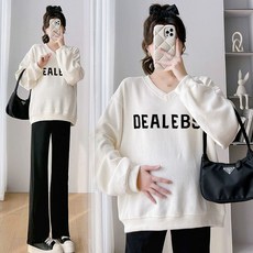 봄 가을 임산부 세트 캐주얼 임부복 기질 임부 레터링 브이넥 맨투맨 + 하이웨이스트 와이드 팬츠 상하 투피스 세트 LPC