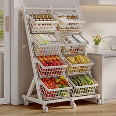 廚房收納架 可移動多層菜籃子-蔬菜水果置物架 客廳臥室收納架, 象牙白,雙排十框【尺寸加大】, 1個