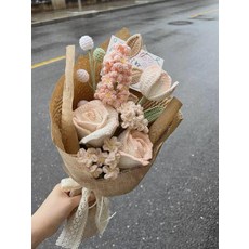 뜨개질 꽃다발 DIY 재료 키트 diy 튤립코바늘, 카키찢어진메쉬장미완제품, 1개