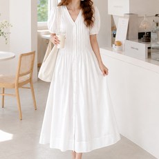 TALLN 데일리 퍼프 린넨 롱 원피스 여름 루즈핏 주름 브이넥 디자인