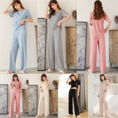 夏季寬鬆睡衣套裝 - 短袖T恤上衣九分褲兩件套