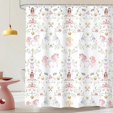 LIGHTINHOME 재미있는 고양이 샤워 커튼 152.4cm x 높이 182.9cm 블랙 앤 화이트 귀여운 키티 카와이 레드 체리 리본 나비 매듭 동물 어린이 천 원단 방수, 아이핑크 페어리 플라워