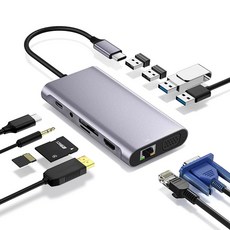 ZA 喆安 Type-C HUB轉接集線器 支援Type-C to HDMI/VGA投影/PD充電/USB 3.2/SDTF記憶讀卡/RJ45網路/耳機, 灰, 1個, 11合一
