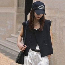 여성용 데일리 숏 민소매 조끼 더블 버튼 정장 베스트