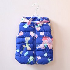女童鋪棉連帽背心 亮藍色玫瑰印花 兒童保暖穿搭 5號建議身高90-100公分