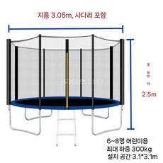 실외 트램폴린 야외 방방이 펜션 트램펄린 놀이터 점핑머신, 10피트(3.06m) 파란색(보호망+사다리), 1개, 1. 보호망+사다리 블루 10피트 3.06m