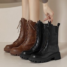 ROYALBELLE 여성 가죽 레이스업 미들 워커부츠 두꺼운 밑창 쿠션 캐주얼 플랫폼 부츠 F01020303