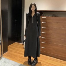 투니스 여성 단색 슬림 웨이스트 후드 롱 원피스