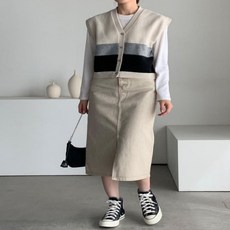 옷자락 여자 울니트 브이넥 배색 스트라이프 가을 오픈 조끼