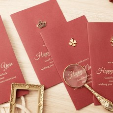 입체 신년연하장 메탈 고급 감사카드 와인컬러 속지 봉투포함 연말 인사 선물용 비즈니스용, 행운