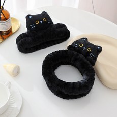 卡通貓咪毛絨束髮帶，洗臉敷面膜專用頭飾，防滑貓耳頭箍, 1個, 黑色,5*18cm