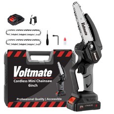 VoltMate 독일 21V 고성능 6인치 전기 체인톱 리튬 충전톱 다기능 무선 전기톱 2000mAh, 1세트