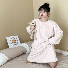 꽈배기 극세사 원피스 잠옷 여성 겨울 극세사 임산부 실내복 홈웨어 파자마 수면잠옷